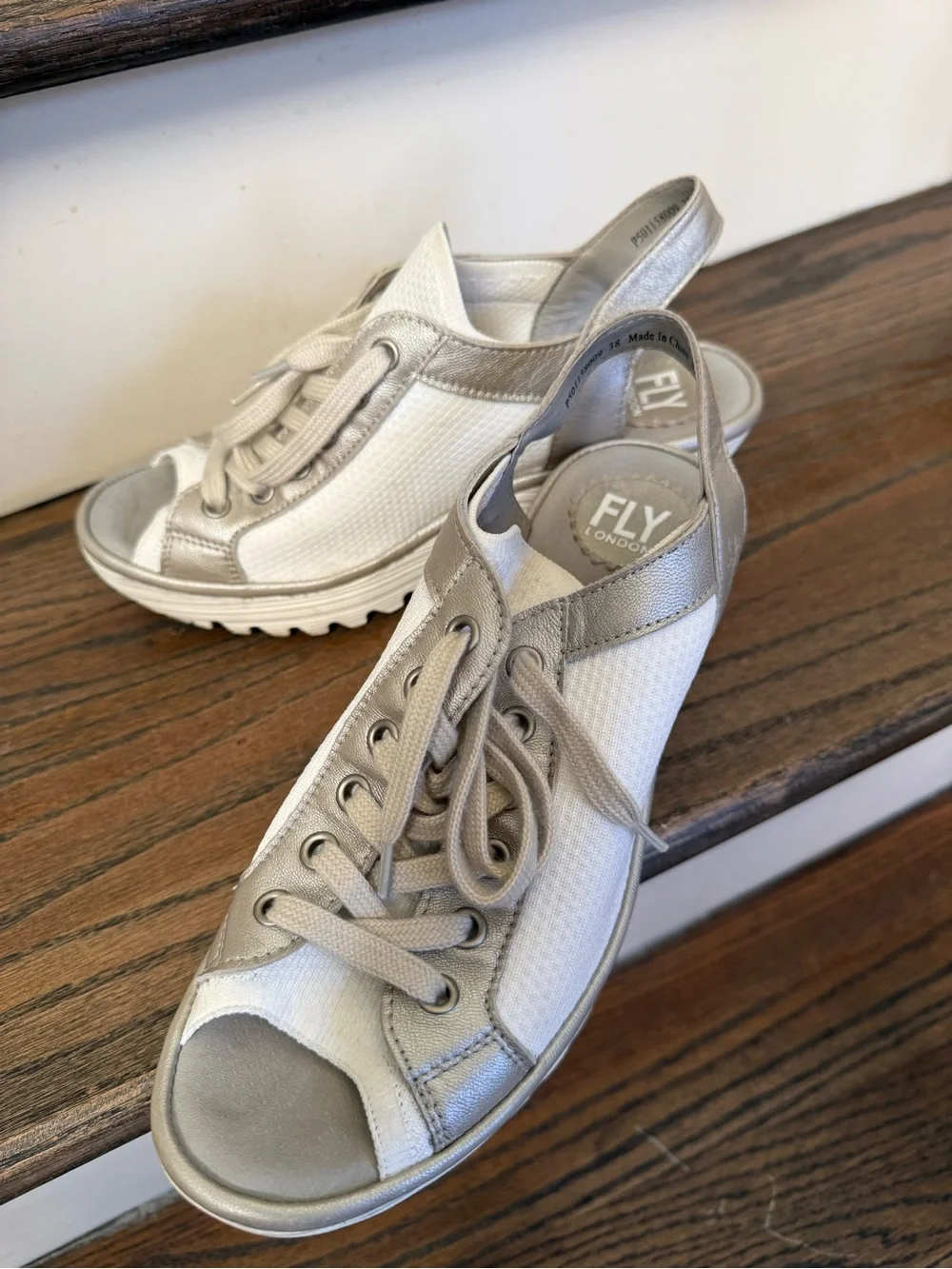 Fly London 38 Yedu Wedge Lace up Sandal  - White & Metallic silver